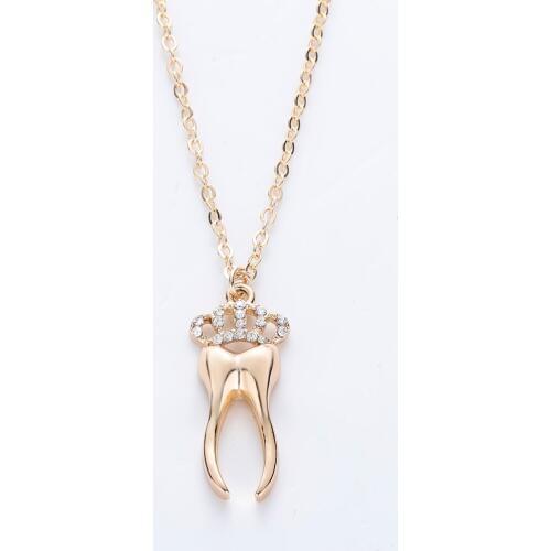 Gold Alloy Tooth Teeth Molar Pendant Women Jewelry Long Chain Collar Crystals Crown Necklace Medical Jewelry Doctor/Nurse Gift