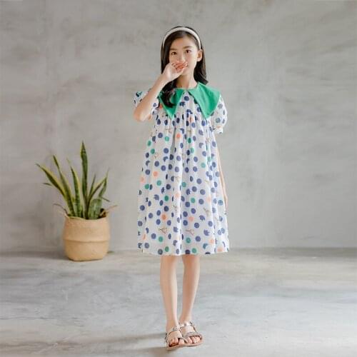 Dot Cotton Girls Summer Dress 2021 New Children Cute Dresses Teenage Kids Clothes Puff Sleeve, 6 to 16 Years,#6311