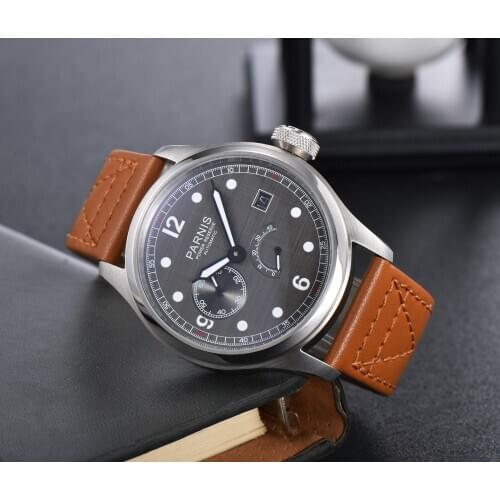 PARNIS Power Reserve Indicator Date 46.5mm Mechanical Watch Big Crown Grey Dial Leather Band ST2530