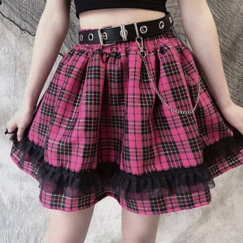 Emo Skirts Japanese Harajuku Girls Red Pink Purple Blue Plaid Skirts Punk Grunge Cute Lolita Cake Mini Skirts Gothic Aesthetic