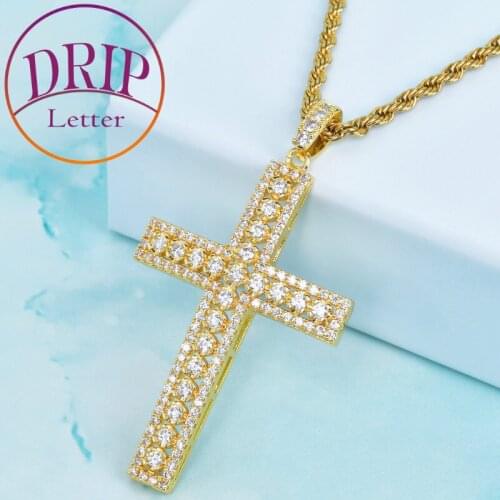 Cross Pendant Gold Color Cubic Zircon Necklace Men Women Hip Hop Rock Jewelry