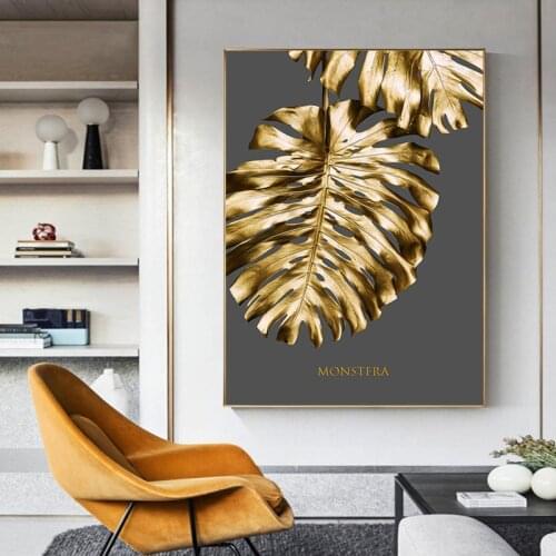 Black White Feather Canvas Painting Golden Abstract Leaf Flower Poster Print Wall Art Pictures for Living Room Wall Decor Cuadro