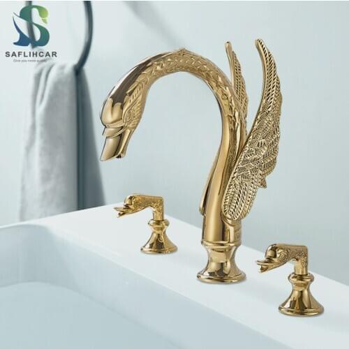 Golden Luxury Bathroom Basin Faucet Swan Shape Individual Design Hot and Cold Water Sink Faucet Deck-mounted Bathroom Faucet