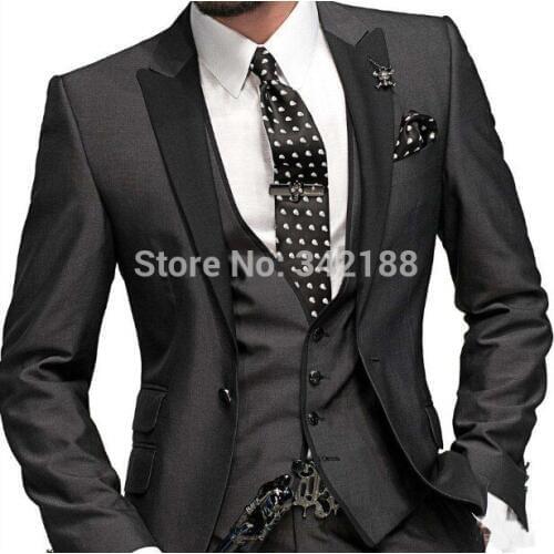 TOP SELLING! Custom Made One Button Charcoal Grey Groom Tuxedos/Peak Black Lapel Groomsmen Men Wedding Suits/Bridegroom SUITS