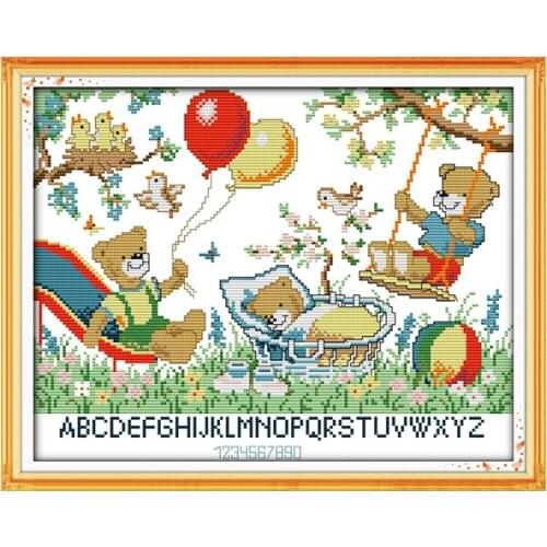 Happy Sunday Cross Stitch Kit Cartoon Pattern Bears Paradise Counting Cross Stitch Toolbox Hand Embroidery Home Decoration
