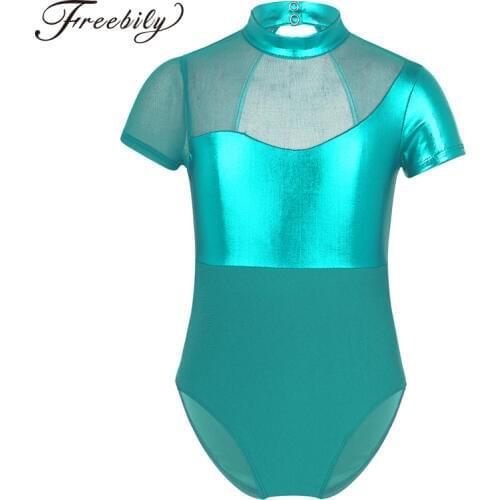 Children Girls Shiny Metallic Mesh Splice Cutout Back Ballet Dance Gymnastics Leotard One-Piece Swimsuit for Kids Dance Wear