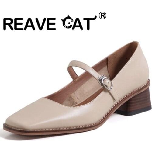 REAVE CAT 2021 Retro Genuine Leather Pumps Square Toe Mary Janes Buckle Strap 3.5cm Chunky Heel Shoes Size 33-40 Apricot A4262
