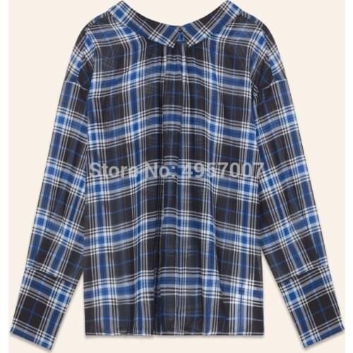 ElfStyle Ladies Gingham Checkered Shirt Top With Elastic Neckline - Women Lapel Long Sleeve Loose Gingham Plaid Blouse Shirt