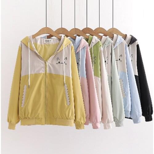 2021 Spring Autumn Student Short Jacket Thin Windbreaker Hooded Casual Tops Loose Coat Fashion Stitching Outerwear Women