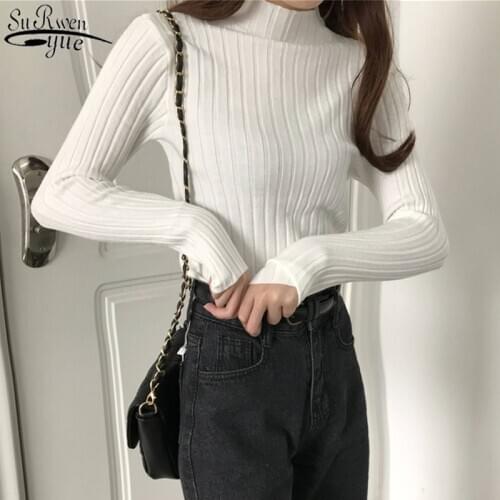 Korean Clothes Half-Collar Bottoming Sweater Womens 2021 New Autumn Long Sleeve Pullover Slim-Fit Solid Female Pullover 10605