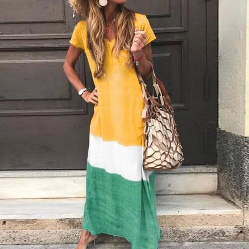 Casual Summer Short Sleeve Dress Women V Neck Loose Dresses Ladies Patchwork Beach Dresses Long Sundress Vestidos Plus Size