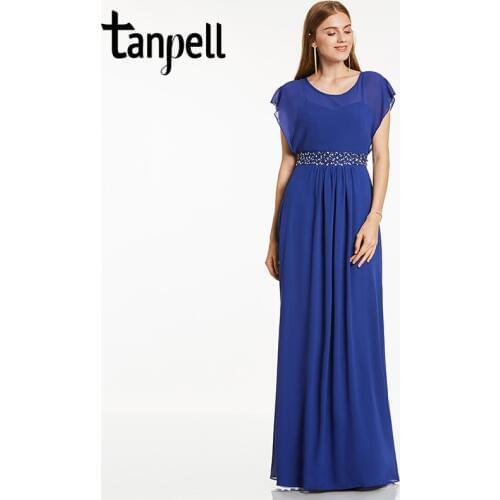 Tanpell scoop neck evening dress royal blue cap sleeves floor length a line gown cheap women beaded prom long evening dresses