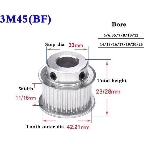 1Pcs 3M45 Tooth 3M48 Tooth Synchronous Wheel Timing Belt Pulley Aluminum Alloy Width 11mm 16mm Bore 6-25mm