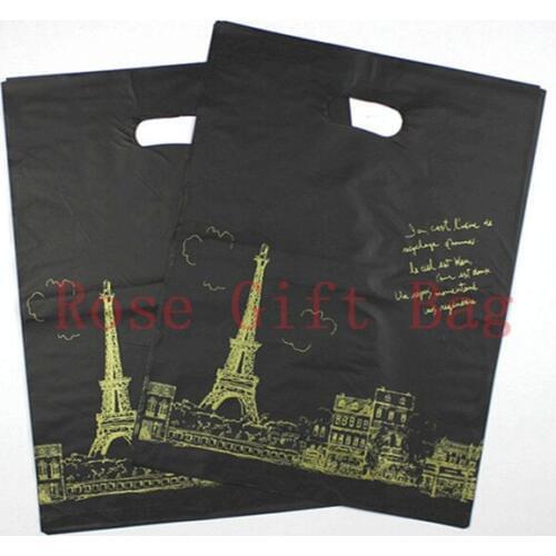 100pcs/lot Tower Print Black Plastic Gift Bag 25x35cm Big Jewelry Boutique Packaging Bags Nice Plastic Shopping Bags With Handle