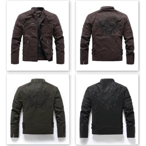 2021 Trendy Factory Sale Mens Matte Leather Motorcycle Back Embroidered Jackets Lining Thin Fleece Ride Racing Biker Retro Coats