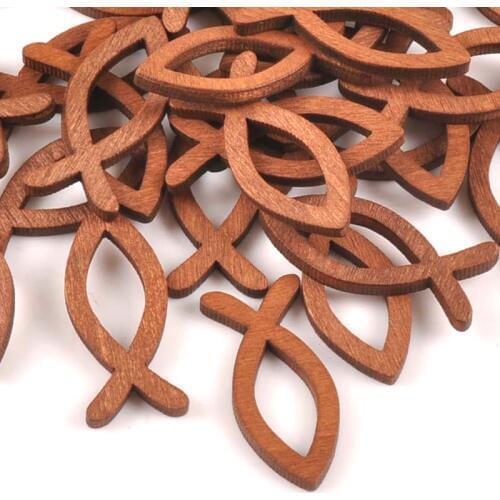 25Pcs Natural Brown Fish Hollow Wood Crafts Scrapbook DIY Wooden Ornaments Handmade Accessories Home Decor 15x35mm m0993
