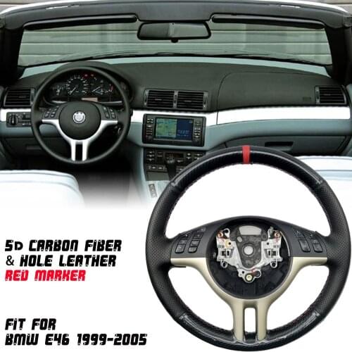 5D Carbon Fiber&Black Hole Micro Fiber Leather Red Marker Steering Wheel Hand Sewing Wrap Cover Fit For BMW E39 E46 1999-03