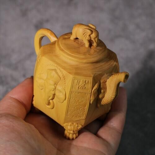 8 Cm Boxwood Teapot Sculpture Home Decoration Chinese Lucky Crafts Gifts Auspicious Eight Elephant Teapot Home Decor