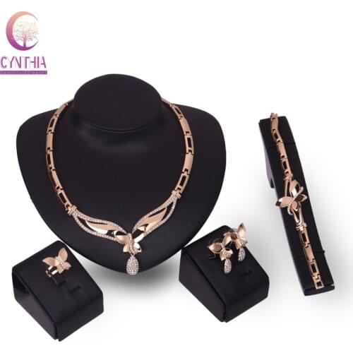 African Beads Gold Color Rhinestone Costume Statement Butterfly Women Wedding Accessories Necklace Jewelry Sets