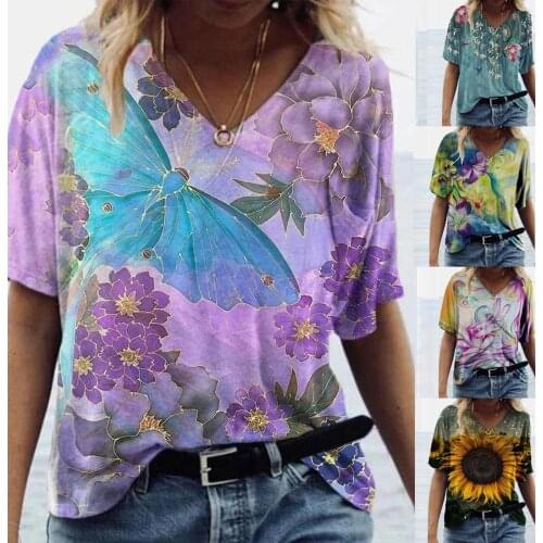 5xl Plus Size Vintage Womens Blouse Casual Flower Printed Short Sleeve Shirts V-neck Fashion Summer Tunic Tops For Women Блузки