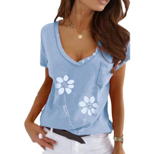 T-shirt Stylish V Neck Pocket T-shirt Women Women T-shirt Buttons for School
