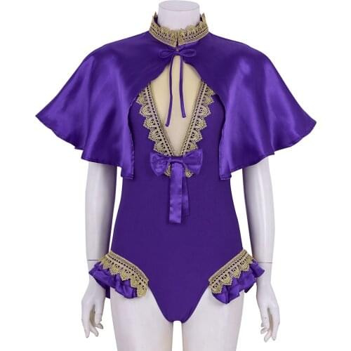 Adult Gymnastics Leotard Bodysuit Purple Shiny Satin Cape Set Halloween Cosplay Party Clothing Circus Stage Performance Costume