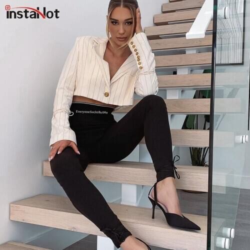 InstaHot casual skinny legging women trousers letter print high waist black stretchy pantalones fitness yogo sporting pants 2020