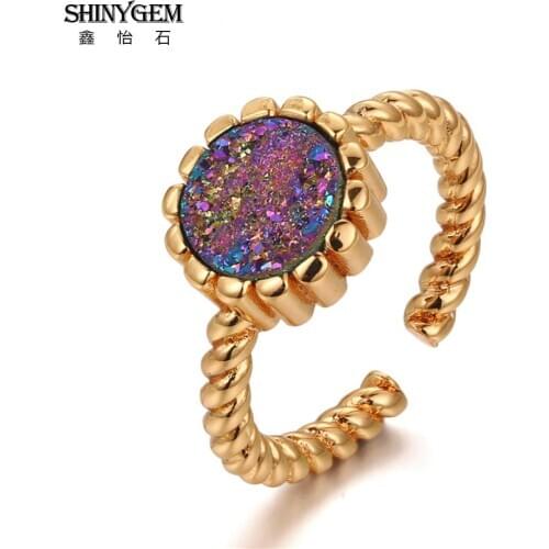 ShinyGem Fashion 11*11mm Natural Crystal Druzy Ring Luxury Charm Gold Plating Flowers Screw Shape Geode Gem Stone Ring For Women