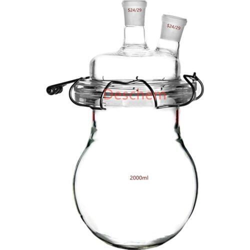 2000ml 24/29 Two Neck Glass Reactor 2 Litre Lab Reaction Flask W/Lid & Clamp