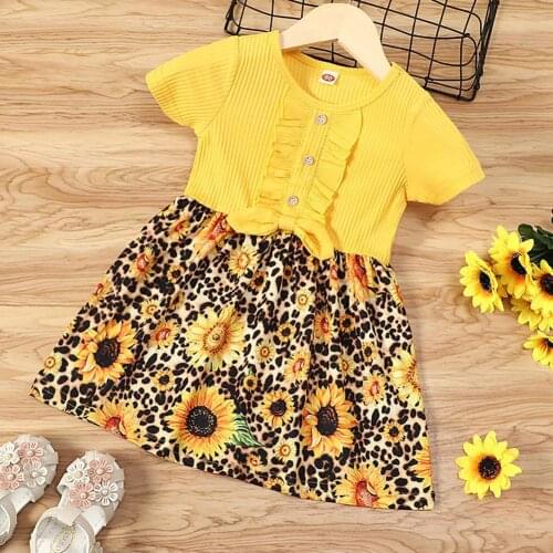 Summer New Dress for Girl Round Neck Sunflower Printing Lacework Pullover Girls Short Sleeve Dresses Kids Clothes for Daily Life