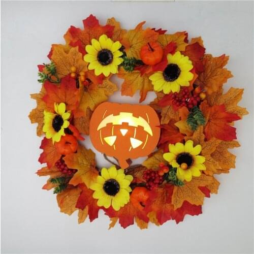 Newly Artificial Fall Wreath Glowing Pumpkins Light Garland Hanging Ornament Halloween Decoration for Home Front Door Porch