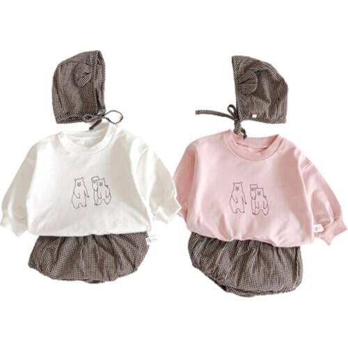 New Born Baby Girl Clothes Summer Twin Girls Boy Suit Cotton Cartoon Bear T-shirt+ Hat + Grid PP Shorts Baby Girl Clothes 3Pcs