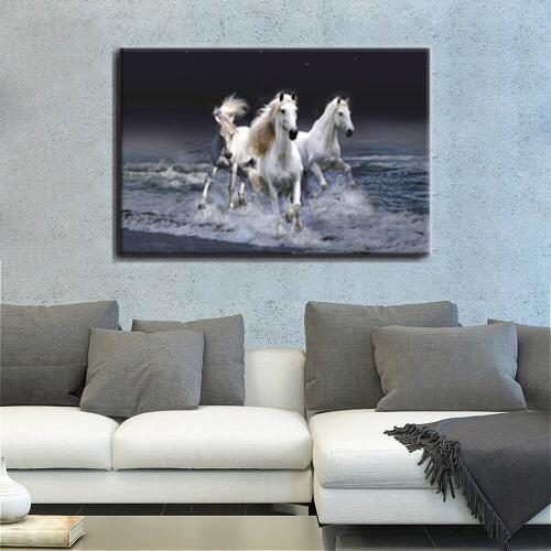 Gift Animal Painting Wall Art Three White Horses Running in River in the Dark Picture Print on Canvas for Modern Home Decoration