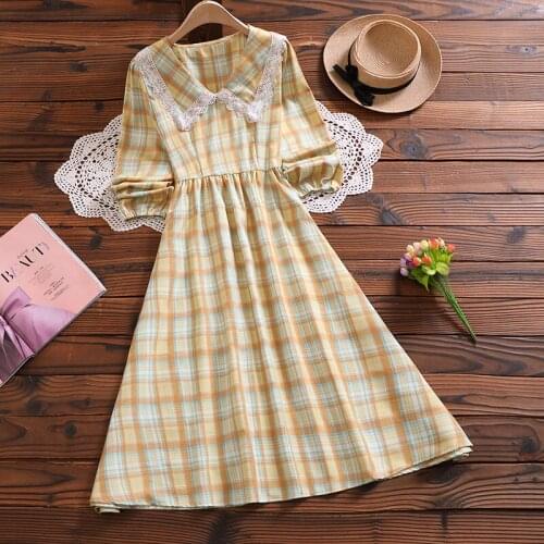 Japan style autumn fashion cute sweet plaid dress new arrival bow long sleeve lady vintage vestidos