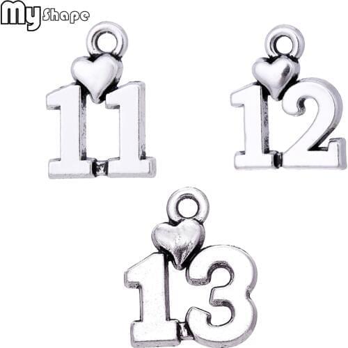 My shape 30pcs love number 10 11 12 13 with heart charm metal zinc alloy plating antique silver color dangle pendant jewelry