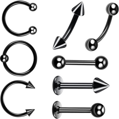 Prettyia 8Pcs Black Nose Lip Tongue Studs Eyebrow Tragus Ring Piercings 16g