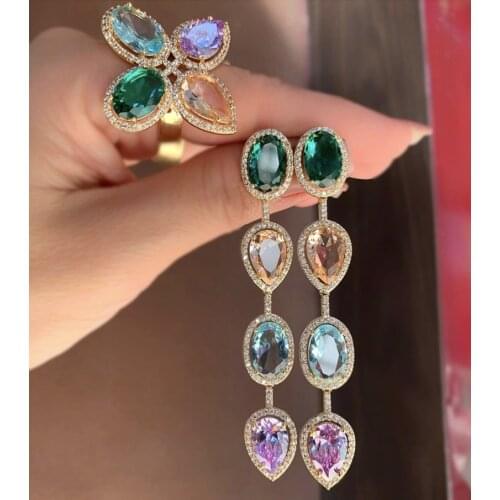 Luxury Water Drop Jewelry Sets Crystal Cubic Zirconia Stone Long pendant earrings Adjustable Big Ring Women Fashion Jewelry 2020