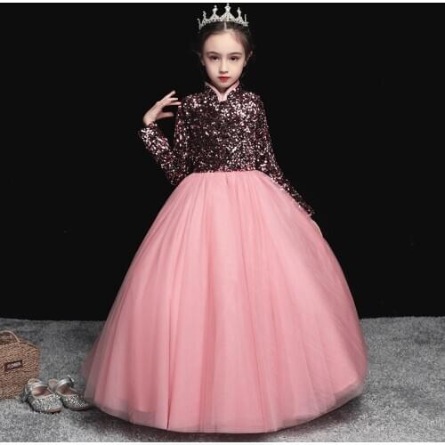 Flower Girl Dresses Luxury Pink Full Illusion Sequined Princess Floor-Length Tulle Lace Lovely Elegant High Kids Party Gown H213