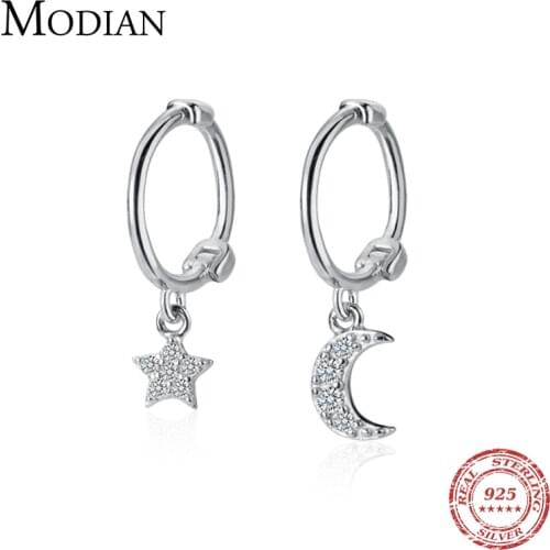 Modian Twinkle Star Moon Hoop Earring for Women Fashion Genuine 925 Sterling Silver Asymmetry Earring Fine Jewelry Accessories