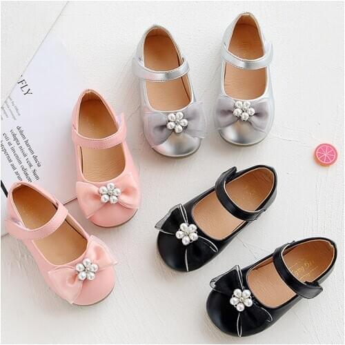Baby Girls Shoes Butterfly Knot Pearl Princess Shoes Comfort Single Shoes Shallow Leather Kids Flats 2020 Spring Autumn Silver