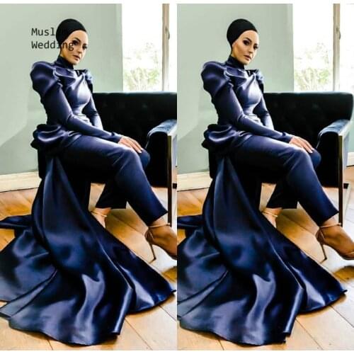 Elegant Muslim Evening Dresses Arabic Dubai Jumpsuit Prom Dress With Overskirts Train Navy Blue Long Sleeve Satin Formal Skirts