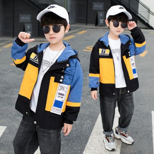 Spring Autumn Jacket For Boys Childrens Coat Outerwear Fashion Patchwork Hooded Letter Casual Trench Handsome Teenager Clothes