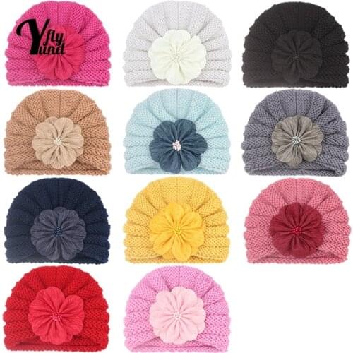 Yundfly Toddler Solid Color Striped Knitting Wool Hat Fashion Artificial Flower Baby Girls Caps Comfortable Warm Infant Headwear