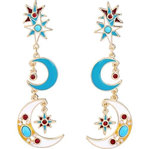 Sweet Fairy Tale Moon and Star Long Drop Earrings for Women Girls Colorful Oil Dangle Earrings 2020 Fashion Party Jewelry Femme