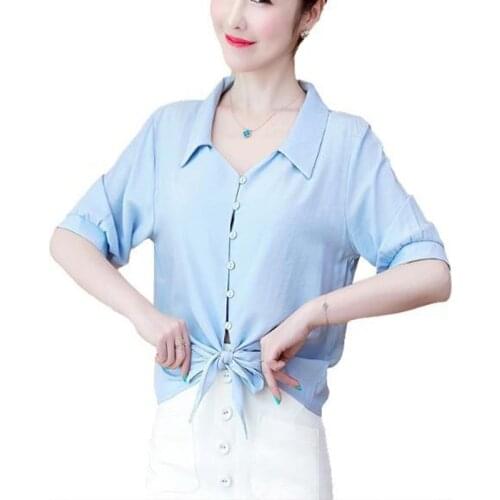 Womens Spring Summer Style Chiffon Blouses Shirt Womens Solid Color Button Short Sleeve Korean Elegant Tops DD8643