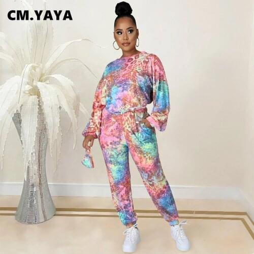 CM.YAYA Women Tracksuit Print Loose Tops + Pants Two 2 Piece Sets Joggers Sweatsuits Sportswear with Pockets Casual Outfits Fall
