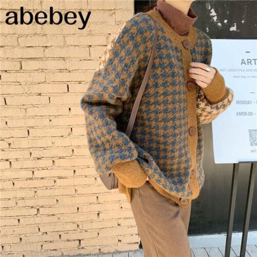 OL Knitted Sweater Women Cardigans 2020 Soft Thick Houndstooth Sweaters Jacket Long Sleeve Single-breasted Jumper Coat