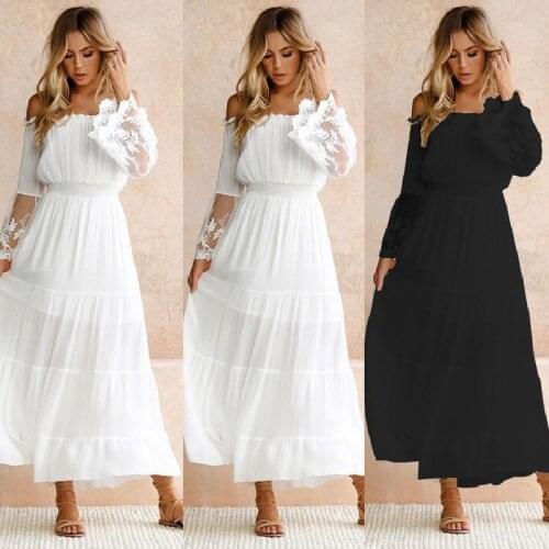 Spring Autumn Fashion Lace Patchwork Petal Sleeve Womens Maxi Dress 2021 Sexy Off Shoulder Tunic Empire Ladies Dresses Vestidos