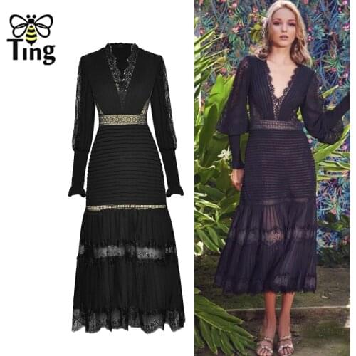Tingfly Runway Designer Long Lantern Sleeve Lace Patchwork Vintage Elegant Party Dinner Dresses Sexy V Neck Celebrity Elbise New