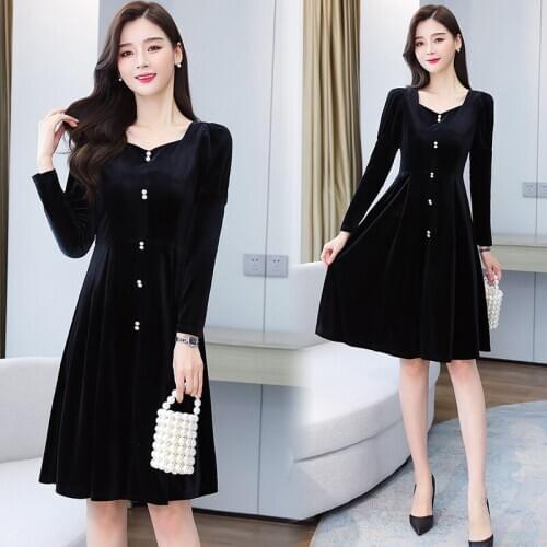 3XL Plus Size Spring Autumn Bodycon Party Midi Dress 2021 Korean Elegant Women Vestidos Vintage Gold Velvet Black Hepburn Dress